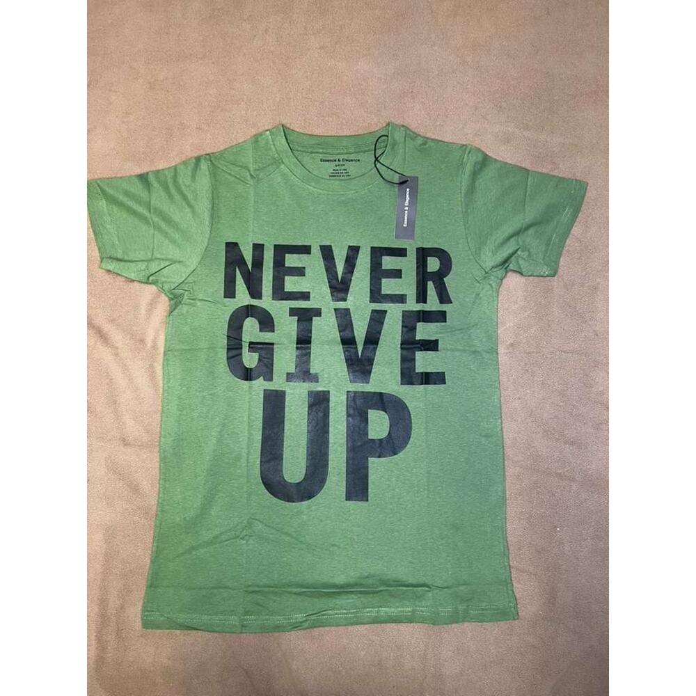 Never Give Up Army Green T-Shirt Size XL Motivational Unisex Cotton Gym Tee